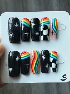 Rainbow Star Black Press-On Nails with Checker Accent